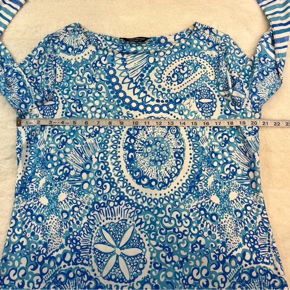 TANGO MANGO Smooth Stretch Shift Dress Size Large Blue White Floral 3/4 Sleeve - Picture 8 of 9